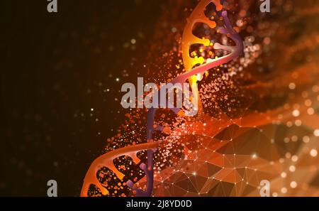 DNA-Helix 3D-Abbildung. Mutationen unter dem Mikroskop. Entschlüsselung des Genoms. Virtuelle Modellierung chemischer Prozesse. Hightech in der Medizin Stockfoto