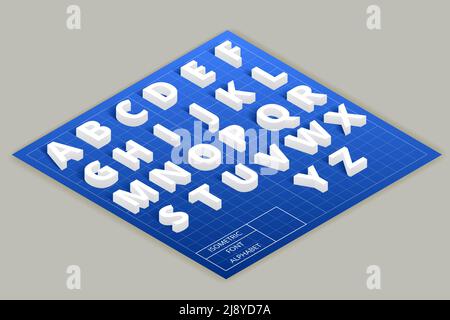 Isometrisches Vektorschriftenalphabet auf der oberen Ebene. ABC moderner Stil, Typografie lateinische Illustration Stock Vektor