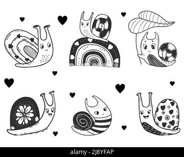 Set von Vektor niedlichen Schnecken. Dekorative Schneckenfiguren auf Regenbogen, unter dem Blatt, mit Blumen und Herzen und Mollusk Seemann. Lineare Handzeichnung. Vektor Stock Vektor