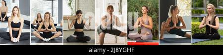 Composite-Bild von Fotos von jungen sportlichen schlanken Frauen, die Yoga zu Hause und im Freien machen. Sport, Training, Sportler, Training, Verbesserung, Werbekonzept Stockfoto