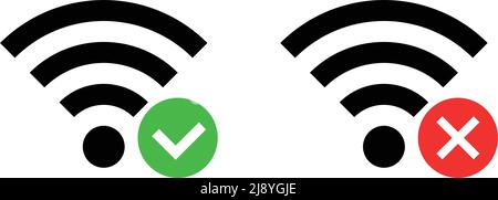 Eine Reihe von Wi-Fi-Symbolen und -Häkchen sowie Wi-Fi-Symbolen und -Kreuzzeichen. Bearbeitbarer Vektor. Stock Vektor
