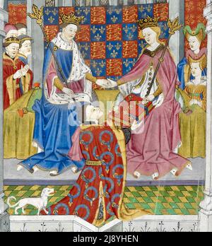 John Talbot, 1. Earl of Shrewsbury, mit seinem charakteristischen Hund, der das Buch als Geschenk an Margaret von Anjou und Henry VI - 1400 Stockfoto