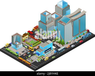 Isometrisches modernes Stadtbild-Konzept mit Büro Wohnen Supermarkt Schulgebäude Öffentliche Verkehrsmittel Menschen U-Bahn-Station isoliert Vektor Illustration Stock Vektor
