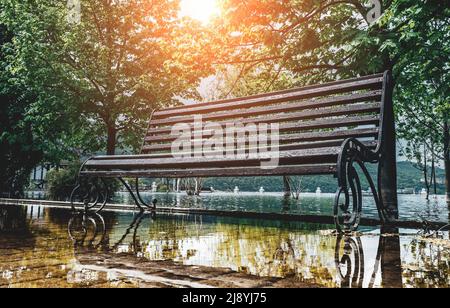 Leere Bank in überschwemmten Park zwischen grünen Bäumen. Überschwemmung, Überschwemmung von Flüssen oder Seen, Folgen von Überschwemmungen. Stockfoto