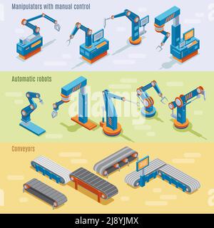 Isometrische industrielle automatisierte Fabrik horizontale Banner mit Manipulatoren Roboterarme Vektorgrafik für Teile der Montagelinie Stock Vektor