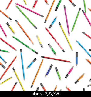 Bildung Nahtloses Muster mit bunten Bleistiften in realistischem Stil auf Vektorgrafik mit weißem Hintergrund Stock Vektor