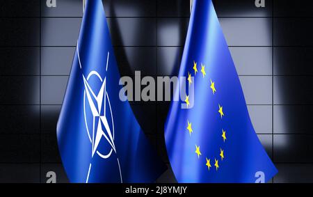 Flaggen der Europäischen Union und der NATO - Abbildung 3D Stockfoto