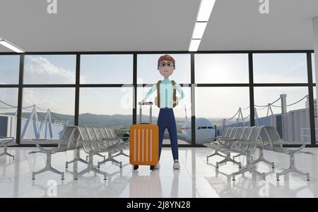 Cartoon-Figur Mann hält Gepäck und Rucksack im Flughafen-Terminal. Mann, der mit Koffer in der Flughafenlobby steht. 3D Abbildung. Stockfoto