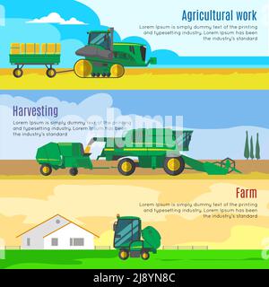 Landmaschinen horizontale Banner mit landwirtschaftlichen Arbeiten Erntemaschinen Ranch gesetzt Auf ländliche Landschaft Hintergründe isoliert Vektor-Illustration Stock Vektor