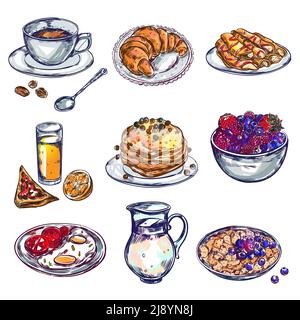 Essen Frühstück Icon Set isoliert und farbig mit Bäckerei Desserts Vektor-Illustration für Mahlzeiten und Getränke Stock Vektor