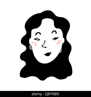 Doodle Frau Gesicht. Handgezeichnete Umrisse menschlich isoliert auf weißem Hintergrund. Witzig lächelnder Avatar. Cartoon lockiges Mädchen. Weibliches Porträt. Wunderschöner Hairsty Stock Vektor