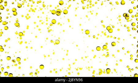 3D Ölblasen isoliert. Goldgelbe Ölflüssigkeit tropft auf leeren weißen Hintergrund. Hochwertige 3D-Illustration Stockfoto