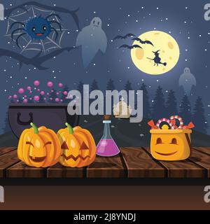Halloween-Symbole auf einem Holztisch mit Sternen Fledermäuse Spinne Und Geister in den Nachthimmel Vektor-Illustration Stock Vektor