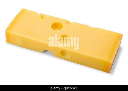 Emmentaler Käse Scheiben Sie typischen schweizer Käse isoliert auf weißem, schneidendem Weg Stockfoto