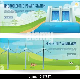 Zwei horizontale ökologische Banner mit umweltfreundlichem Wasserkraftwerk Windfarm-Bilder und weitere Informationen Botton Vektor Illustration Stock Vektor