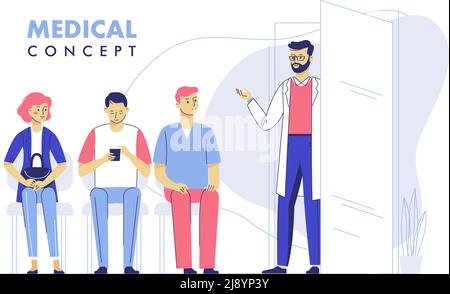 Junger Arzt und Schlange von Menschen in der Krankenhausaufnahme. Beratung und medizinische Diagnose. Vektorgrafik Stock Vektor
