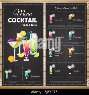 Menü klassische Alkoholcocktails mit Arten von Cocktails Preis und Zutaten auf schwarzem Hintergrund Vektorgrafik Stock Vektor
