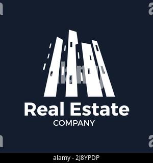 Gebäude und Wolkenkratzer mit beleuchteten Fenstern bei Nacht. Wohn- und Gewerbeimmobilien. Kreatives Vektorlogo und Illustration auf dunklem Bac Stock Vektor