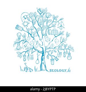 Ökologie Baum Infografik Konzept mit Umwelt Öko-und Erdschutz Elemente im Skizzenstil isolierte Vektordarstellung Stock Vektor