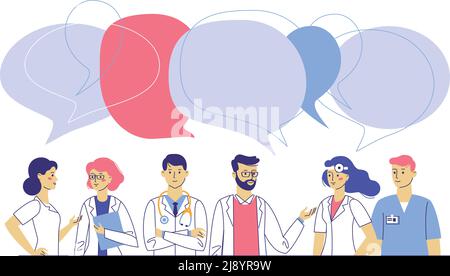 Praktizierende Ärzte junge Mann und Frau Gruppe und Sprechblasen. Beratung und Diagnose. Stock Vektor