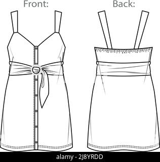 Vektor Latzhose Kleid Mode CAD, Frau ärmellose Minikleid technische Zeichnung mit breiten Trägern, Vorlage, flach, Skizze, Mock up. Jersey oder gewebt f Stock Vektor