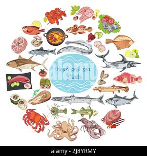 Meer und Meer Nahrung rund Konzept mit Fischen Tiere marine Produkte und Mahlzeiten im Doodle-Stil isoliert Vektor-Illustration Stock Vektor