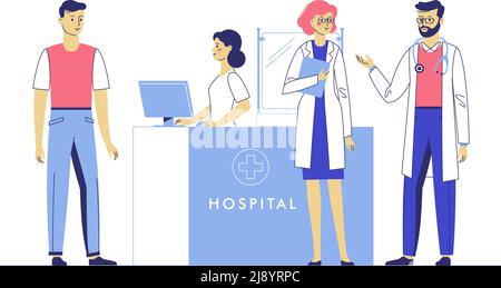 Junge Ärzte, Männer und Frauen im Aufnahmekrankenhaus. Beratung und medizinische Diagnose für krankheitsbedingte Menschen. Medizinisches Personal im Klinikinnenraum. Vektor-Abb. Stock Vektor