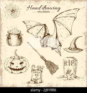 Halloween handgezeichnetes Design mit Feiertags-Elementen und Tieren auf Grunge Hintergrund Vektor Illustration Stock Vektor