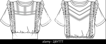 Vektor Kurzarm Bluse technische Zeichnung, Frau Rundhalsausschnitt T-Shirt mit Häkelblenden und Rüschen, 2 Stück T-Shirt Mode CAD, Skizze, Vorlage. Trikot Stock Vektor