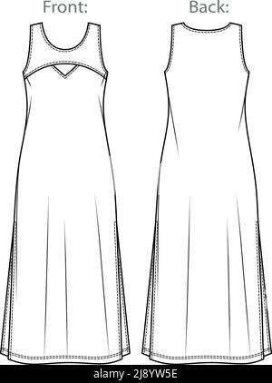 Vector Maxi-Kleid mit Seitenschlitzen technische Zeichnung, lange Sommerkleid Mode CAD, Frau ärmelloses Kleid mit Rundhalsskizze, Vorlage. Jersey oder Stock Vektor