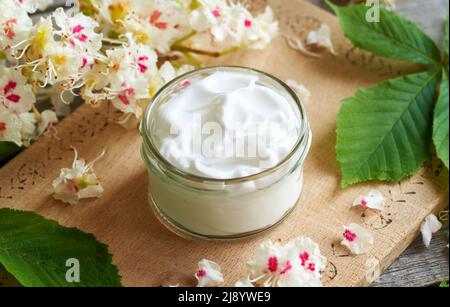 Ein Glas Kräutercreme aus frischen Rosskastanienblüten im Frühjahr Stockfoto