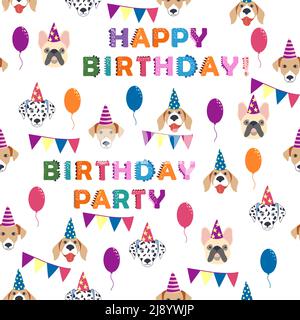 Happy Birthday nahtlose Muster mit Cartoon-Hunde der Dalmatiner, Bulldog, Terrier, Corgi Rasse. Geburtstagsgeschenke, Luftballons, Süßigkeiten und Partyhüte. Stock Vektor