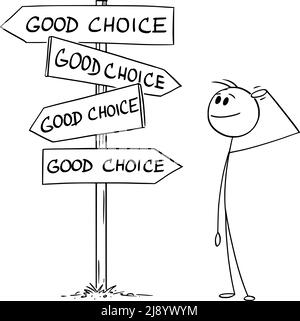 Person oder Geschäftsmann stehen an der Kreuzung, entscheiden und wählen Sie aus guten Entscheidungen, Vektor Cartoon Stick Abbildung Stock Vektor