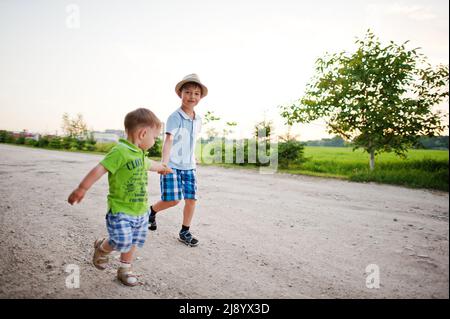 Zwei Brüder gehen und halten sich die Hände, Bruder liebt. Stockfoto