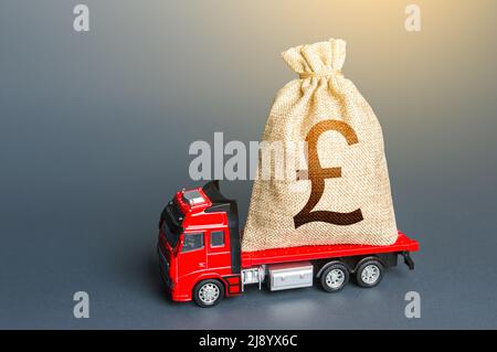 LKW mit einem britischen Pfund Sterling Geldbeutel. Finanzhilfen, Investitionen und Subventionen. Vergütung. Hohes Supereinkommen. Zahlung von Steuern. Cash colle Stockfoto