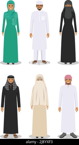 Detaillierte Illustration von verschiedenen stehenden arabischen Mann und Frau in der traditionellen nationalen muslimischen arabischen Kleidung isoliert auf weißem Hintergrund in der Wohnung Stock Vektor