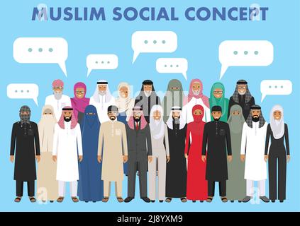 Arabische Männer und Frauen stehen in verschiedenen traditionellen islamischen Kleidern auf blauem Hintergrund in flachem Stil zusammen. Verschiedene Kleiderstile. Flache Ausführung aus pe Stock Vektor