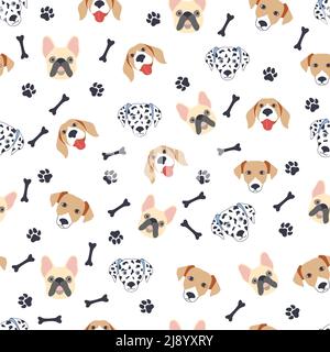 Nahtlose Muster mit niedlichen Cartoon-Hunde Maulkörbe. Dalmatiner, Terrier, Bulldog. Stock Vektor