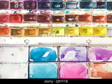 Verwendete Aquarellfarben mit Palettenansicht von oben. Stockfoto