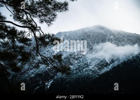 Eine wunderschöne Aufnahme von schneebedeckten Bergen im Okhimath-Viertel von Chamoli garhwal, Uttrakhand. Indien. Stockfoto