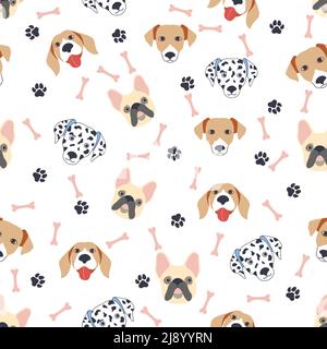 Nahtlose Muster mit niedlichen Cartoon-Hunde Maulkörbe. Dalmatiner, Terrier, Bulldog. Stock Vektor