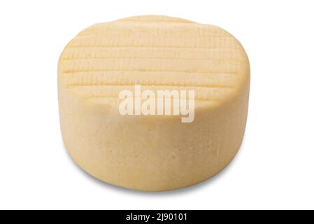 Frische italienische Caciotta, eine Form von Käse isoliert auf weißen, schneidenen Weg Stockfoto