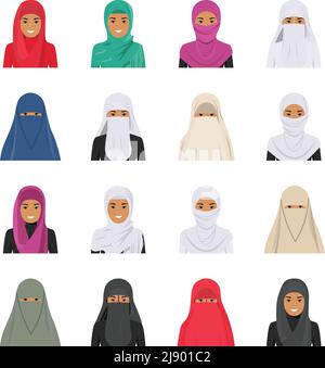 Detaillierte Darstellung verschiedener arabischer Avatare-Ikonen in der traditionellen nationalen muslimischen arabischen Kleidung, isoliert auf weißem Hintergrund in Fla Stock Vektor