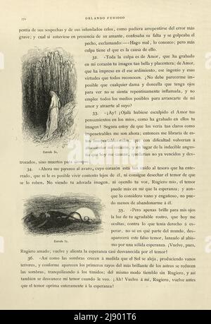 Seite von Orlando Furioso illustriert von Gustave Dore, eine mittelalterliche Ritterromantik, spanischer Text Stockfoto