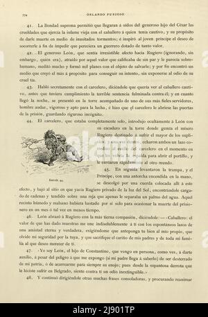 Seite von Orlando Furioso illustriert von Gustave Dore, eine mittelalterliche Ritterromantik, spanischer Text Stockfoto