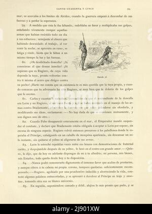 Seite von Orlando Furioso illustriert von Gustave Dore, eine mittelalterliche Ritterromantik, spanischer Text Stockfoto