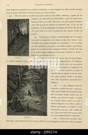 Seite von Orlando Furioso illustriert von Gustave Dore, eine mittelalterliche Ritterromantik, spanischer Text Stockfoto