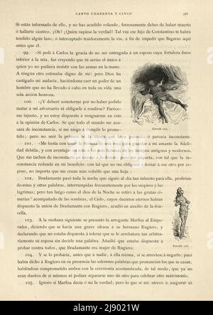 Seite von Orlando Furioso illustriert von Gustave Dore, eine mittelalterliche Ritterromantik, spanischer Text Stockfoto