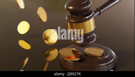 Das Konzept eines korrupten Gerichts, eines Richters, der eine Bestechung erhält, eines Richters, der Goldmünzen ausgießt, 3D Illustration Stockfoto