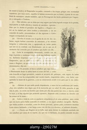 Seite von Orlando Furioso illustriert von Gustave Dore, eine mittelalterliche Ritterromantik, spanischer Text Stockfoto